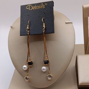 NWT DETAILS Vintage BOHO Tail Gold-Tone Long Dangle Earrings Black Beads Pearl